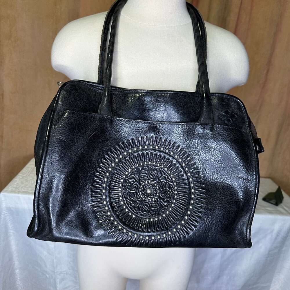 PATRICIA NASH Tooled Leather Studded Black Satchel Bag